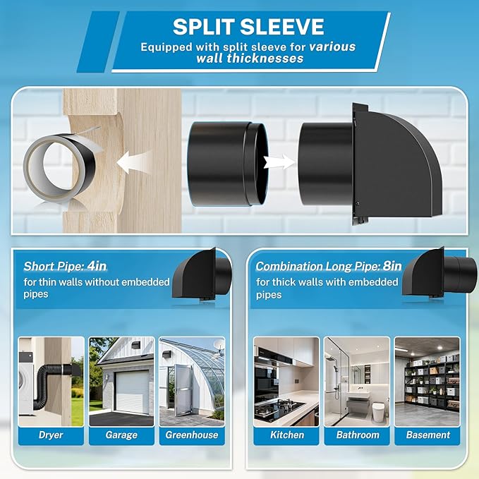 [Upgraded] Hon&Guan 6 Inch Hooded Wall Vent with Magnetic Seal Flap and Removable Mesh, Arc-Shaped 6'' Exhaust Vent Cover Cap for Kitchen Range Hood/Dryer/Bathroom Exhaust(Galvanized Steel, Black)