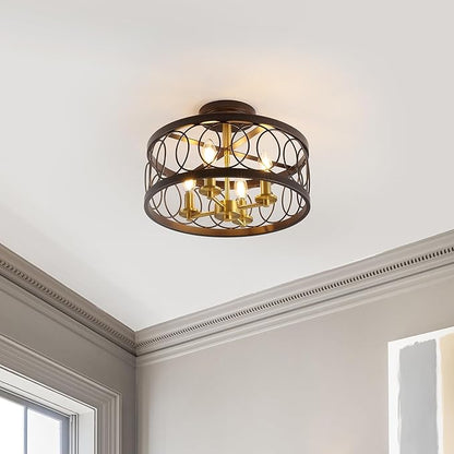 JONATHAN Y 15.5" Oil Rubbed Bronze/Brass Gold 4-Light Metal LED Semi-Flush Mount Ceiling Light, Metal Fretwork Shade for Bedroom Entryway Hallway, Traditional Round Dimmable Fixture (JYL9040B)