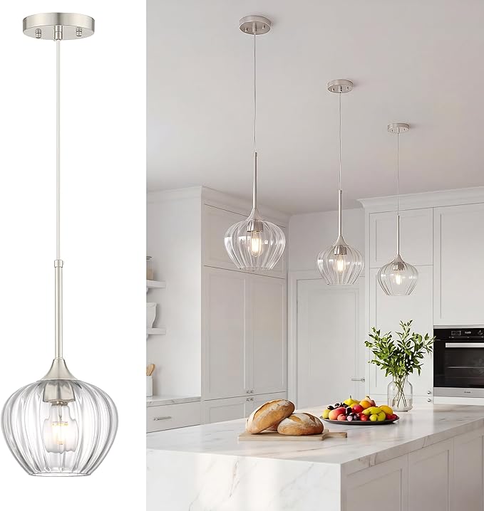 Glass Pendant Lights for Kitchen Island, 7" Modern Brushed Nickel Pendant Light Fixtures Mini Adjustable Hanging Light for Kitchen, Dining Room, Sink, Bathroom