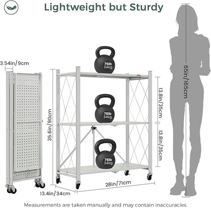DEANIC 3 Tier Foldable Storage Shelves with Wheels, Kitchen Appliance Stand, Freestanding Metal Wire Shelf Rack, No Assembly Organizer Rolling Cart for Garage, Basement, Pantry(Grey)