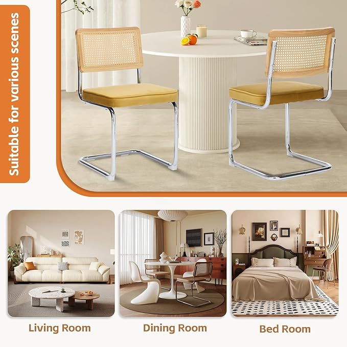 Rattan Back Velvet Dining Chair Set of 2 Modern Stainless Chrome Base Armless Upholstered Side Chair for Dining Room, Kitchen Island, Gold