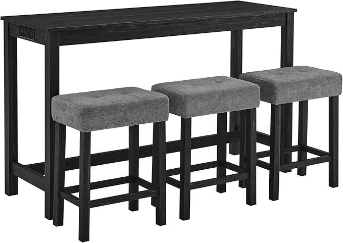 LKTART Kitchen Bar Table and Chairs Set, 4 Piece Bar Height Dining Table Set with Power Outlet and 3 Upholstered Stools Industrial Breakfast Nook, Small Space Living Room, Black