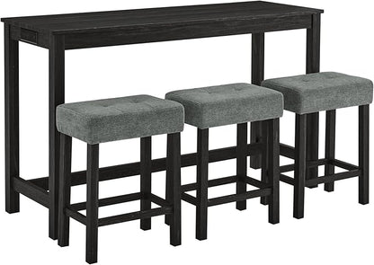4-Piece Kitchen Island Counter-Table Set with Charging Station, Industrial 59" Dining Tables with 3 Stools, 59 Inch Farmhouse Bar Table Chairs w/USB & Type-C & Power Outlets, Black
