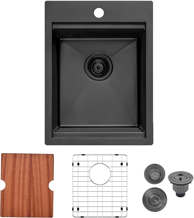 Friho Drop in Black Bar Sink, 15 x 20 Inch Stainless Steel Single Bowl Small Topmount Kitchen Sink, Handmade Bar Apply Office Wet Bar Prep RV Outdoor Yard with Cutting Board