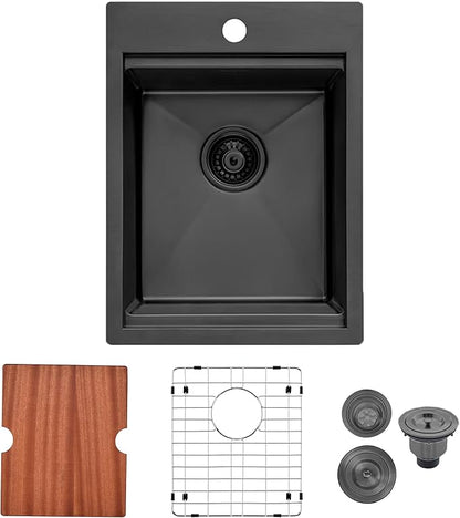 Friho Drop in Black Bar Sink, 15 x 20 Inch Stainless Steel Single Bowl Small Topmount Kitchen Sink, Handmade Bar Apply Office Wet Bar Prep RV Outdoor Yard with Cutting Board