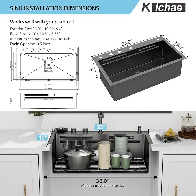 Kichae 33 Black Kitchen Sink Drop In Waterfall - 33x19 Drop Sink Stainless Steel 16G Single Bowl Waterfall Kitchen Sinks Workstation Handmade with Faucet & Glass Rinser