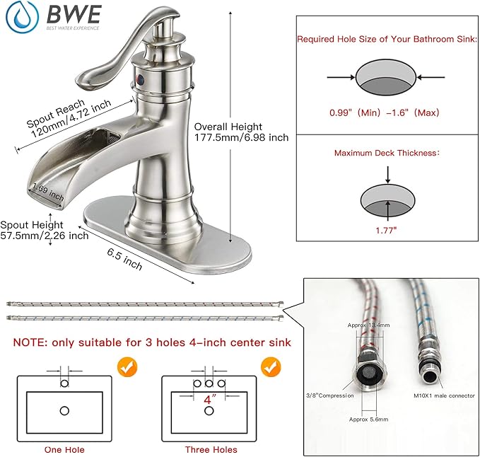 BWE Bathroom Faucet Brushed Nickel Waterfall Single Handle Hole Sink Faucets Bath Vanity Lavatory Vessel Commercial Satin with Water Supply Hose