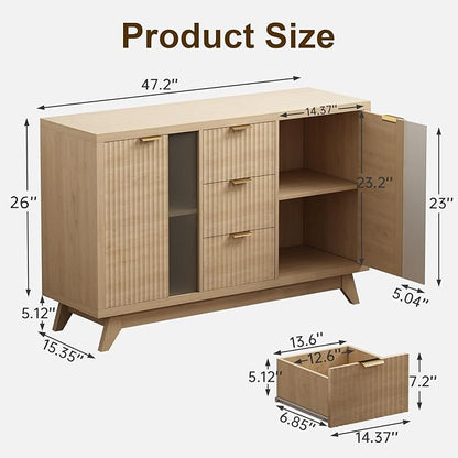 Fluted Sideboard Buffet Cabinet with Storage, 47" Modern Mid Century Coffee Bar Storage Cabinet with Doors and Drawers, Narural Oak