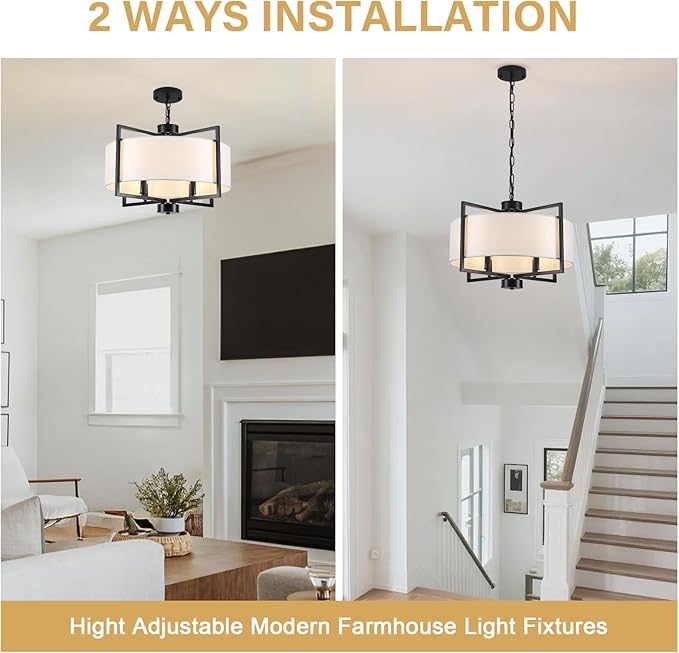 19.7" Drum Pendant Light Fixture, 4 Light Drum Chandelier with Wihte Fabric Lampshade, Farmhouse Kitchen Island Chandeliers over Table Black Hanging Lights Fixture for Dining Room Bedroom Living Room