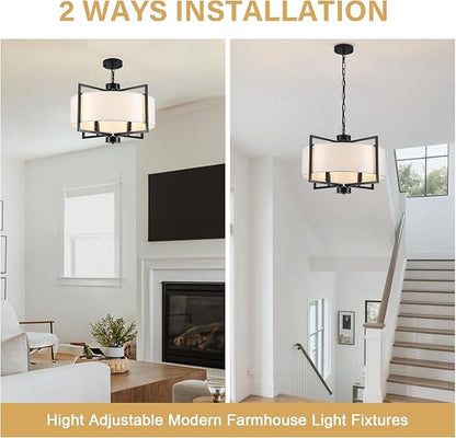 19.7" Drum Pendant Light Fixture, 4 Light Drum Chandelier with Wihte Fabric Lampshade, Farmhouse Kitchen Island Chandeliers over Table Black Hanging Lights Fixture for Dining Room Bedroom Living Room