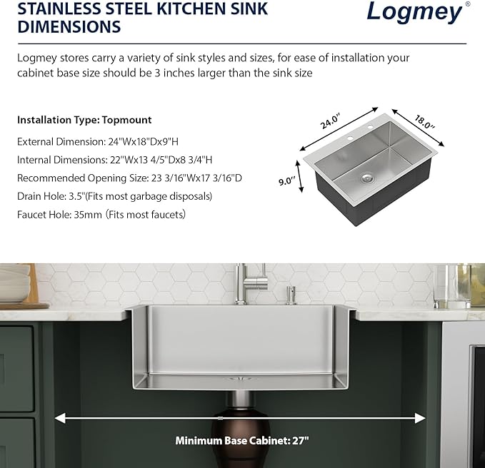 24x18 Drop in Kitchen Sink 24 Inch Stainless Steel Sinks 16 Guage 304 Single Bowl 9'' Deep Sinks with Drain Assembly LMT24189