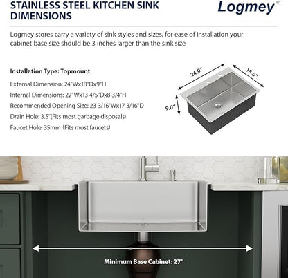 24x18 Drop in Kitchen Sink 24 Inch Stainless Steel Sinks 16 Guage 304 Single Bowl 9'' Deep Sinks with Drain Assembly LMT24189
