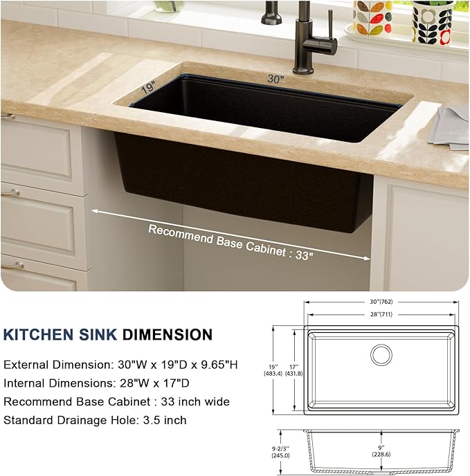 Lordear 30 Inch Black Granite Composite Kitchen Sink Workstation 30x19 Matte Black Undermount Quartz Sinks Under Counter Single Bowl Sink with Black Accessories
