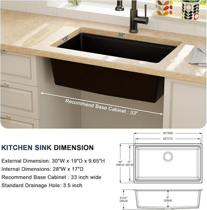 Lordear 30 Inch Black Granite Composite Kitchen Sink Workstation 30x19 Matte Black Undermount Quartz Sinks Under Counter Single Bowl Sink with Black Accessories