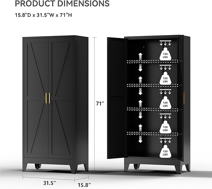 Farmhouse Pantry Cabinet with Barn Doors, 71" H x 31.5" W, 5-Tier Metal Storage Cabinet with 4 Adjustable Shelves for Kitchen Garage Dining Room, Black 1 Pack