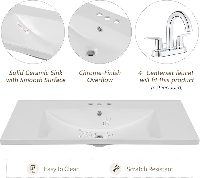 36"x18" Bathroom Vanity Sink Top Only, Center-Located Undermount Countertop, Fit for 4" Centerset Faucet (Not Included), White