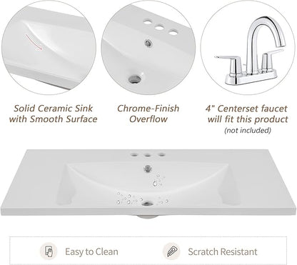 36"x18" Bathroom Vanity Sink Top Only, Center-Located Undermount Countertop, Fit for 4" Centerset Faucet (Not Included), White
