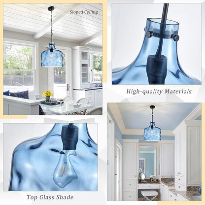 CATINER 16" Extra Large Farmhouse Pendant Light – Hand-Blown Blue Hammered Glass Shade, Black Finish, Adjustable Chain Hanging Light Fixture for Kitchen Island, Dining Room, Hallway