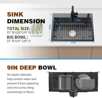 Black Kitchen Sink,25x18 Inch Kitchen Sink Stainless Steel Drop In Kitchen Sink Topmount Stylish and Modern Look Sink With Bottom Grid,Drain Basket And Drain Assembly Add Elegance & Enhance Usability