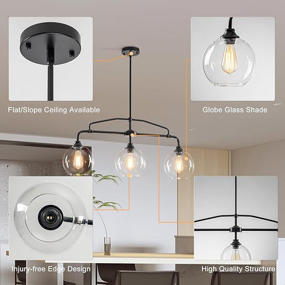 Modern Linear 3-Light Black Chandelier with Framed Arms, Industrial Kitchen Island Pendant Light Fixture with Clear Glass Globes, Ceiling Bar Lighting for Dining Table, Pool Table