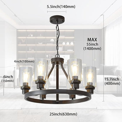 Farmhouse Chandelier Lighting Round 6 Lights Oil Rubbed Bronze with Glass Shade Ceiling Hanging Vintage Rustic Light Fixture for Dining Room Living Room Foyer Porch Kitchen Island
