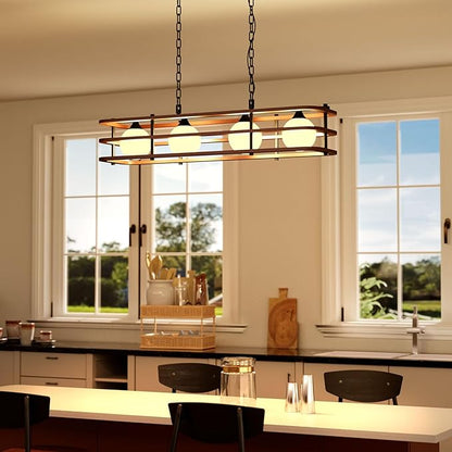 35.4" Farmhouse Dining Room Light Fixture, 4-Light Kitchen Island Lighting, Rustic Rectangular Chandeliers for Kitchen Island, Wood Linear Pendant Light Over Table