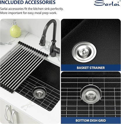Sarlai Black 24 Inch Undermount Laundry Sink Granite Composite - 12 Inch Deep Utility Laundry Sink 24x18 Matte Black Granite Kitchen Sinks Undermount Quartz Classic Under Counter Single Bowl Basin