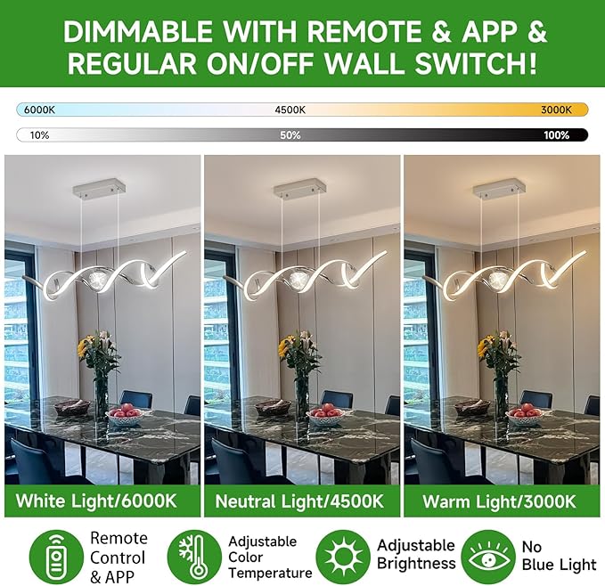 ORANOOR LED Modern Chandeliers for Dining Room, 39in Dimmable Chrome Chandelier Kitchen Pendant Lighting Over Island, Linear Wave Spiral Pendant Light Fixtures Dining Room Lights Ceiling Hanging, 36W