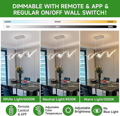 ORANOOR LED Modern Chandeliers for Dining Room, 39in Dimmable Chrome Chandelier Kitchen Pendant Lighting Over Island, Linear Wave Spiral Pendant Light Fixtures Dining Room Lights Ceiling Hanging, 36W