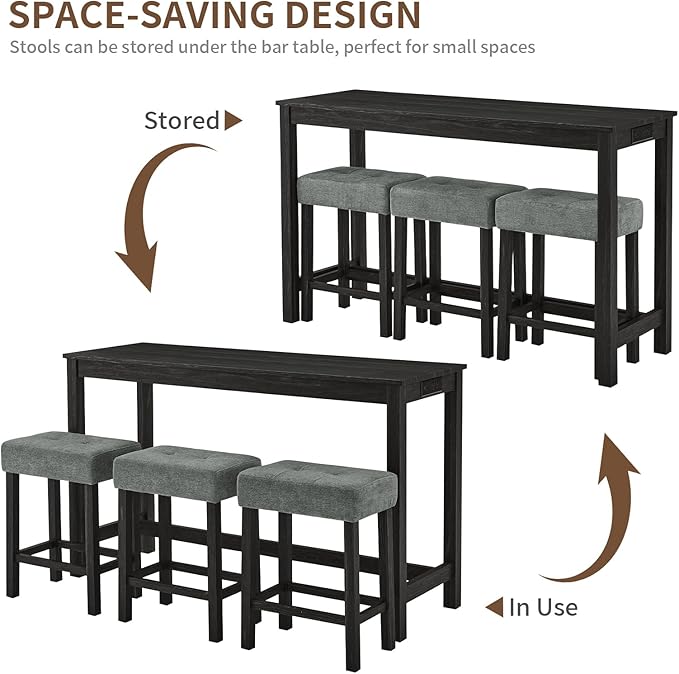 LKTART Kitchen Bar Table and Chairs Set, 4 Piece Bar Height Dining Table Set with Power Outlet and 3 Upholstered Stools Industrial Breakfast Nook, Small Space Living Room, Black