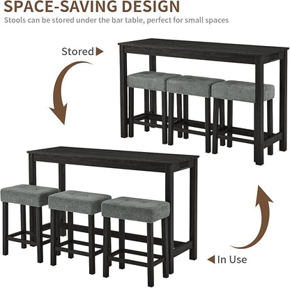 LKTART Kitchen Bar Table and Chairs Set, 4 Piece Bar Height Dining Table Set with Power Outlet and 3 Upholstered Stools Industrial Breakfast Nook, Small Space Living Room, Black