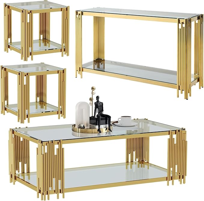 Henf Modern Glass Coffee Table Set with Storage Shlef 4 Piece Gold Living Room Tables Set Including Coffee Sofa End Tables Set,Stainless Steel Frame,Tempered Glass Top for Living Room Home Office