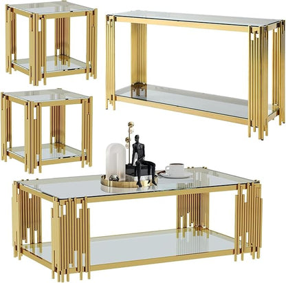 Henf Modern Glass Coffee Table Set with Storage Shlef 4 Piece Gold Living Room Tables Set Including Coffee Sofa End Tables Set,Stainless Steel Frame,Tempered Glass Top for Living Room Home Office