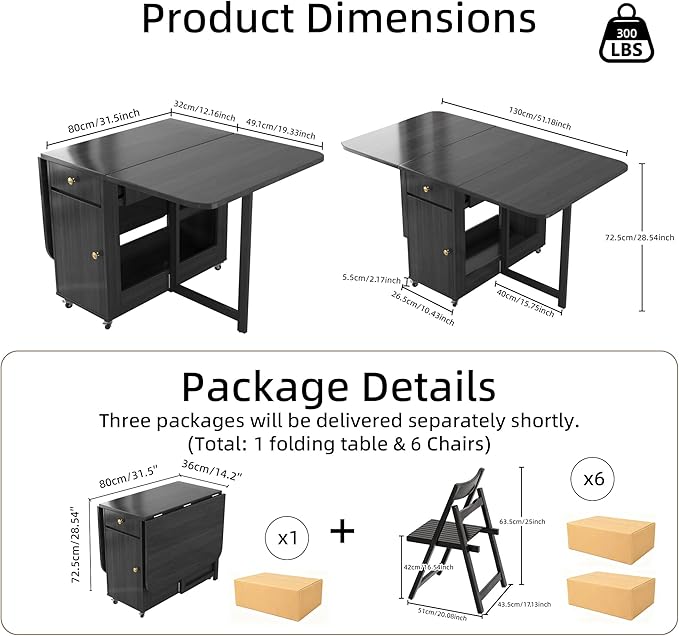 Folding Dining Table and Chairs - 51" Fully Assembled Drop Leaf Table 4-6 Seater with Storage and Lockable Wheels, Space-Saving Set with 6 Chairs for Kitchen or Dining Room (Black)
