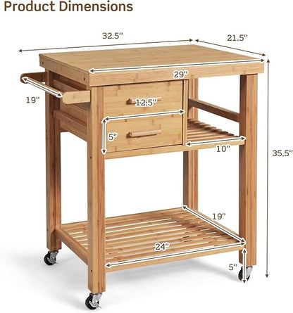 HAPPYGRILL Kitchen Island with Storage, Rolling Kitchen Cart with Shelves and Drawers, Multi-Purpose Bamboo Utility Cart Serving Cart on Lockable Wheels with Towel Rack