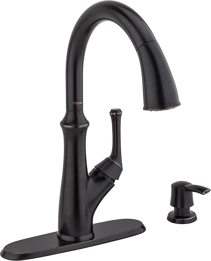 Pfister Tamera Kitchen Faucet with Pull Down Sprayer and Soap Dispenser, Single Handle, High Arc, Tuscan Bronze Finish, F5297TAY