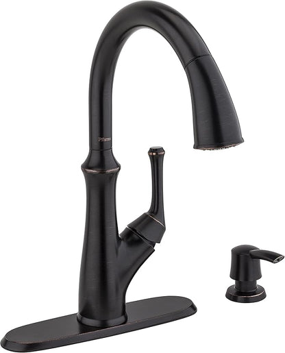Pfister Tamera Kitchen Faucet with Pull Down Sprayer and Soap Dispenser, Single Handle, High Arc, Tuscan Bronze Finish, F5297TAY