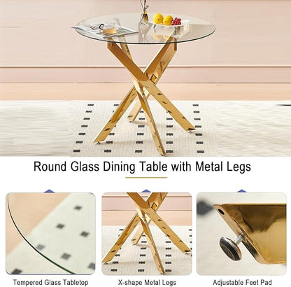 Henf 36" Glass Round Dining Table with X-Shape Metal Legs, Gold Kitchen Table for 2-4 People, Round Glass Dining Room Table for Small Space, Easy Assembly Circular Side Desk