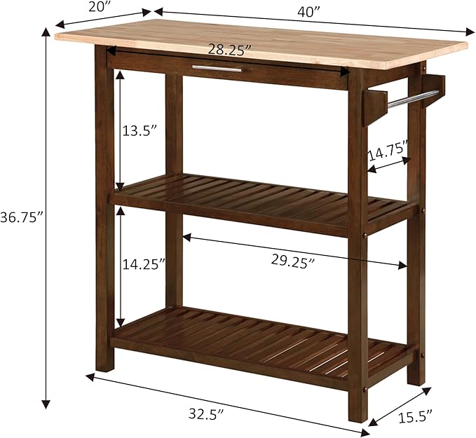 Convenience Concepts Designs2Go 3 Tier Butcher Block Kitchen Prep Island 40" - 3 Tier Modern Cooking Cart with Drawer, Food Serving Station for Kitchen, Dining Room, Espresso