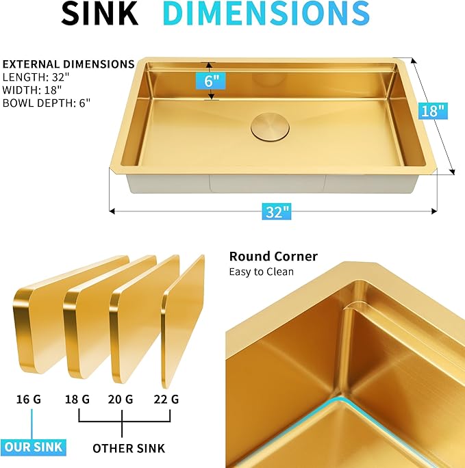 Gold Undermount Kitchen Sink 32 Inch, 16 Guage Stainless Steel Workstation Sinks with Ledge & Accessories, 32" x 18" x 6" Single Bowl ADA-Compliant Large Sink, 6 Inch Depth Gold ADA Sink