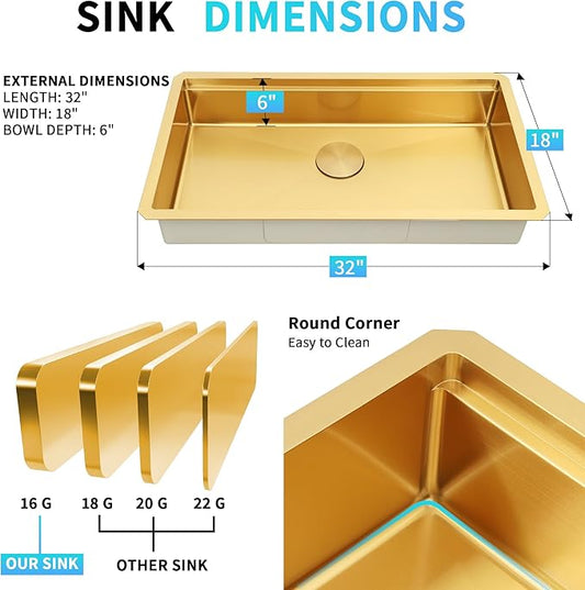 Gold Undermount Kitchen Sink 32 Inch, 16 Guage Stainless Steel Workstation Sinks with Ledge & Accessories, 32" x 18" x 6" Single Bowl ADA-Compliant Large Sink, 6 Inch Depth Gold ADA Sink