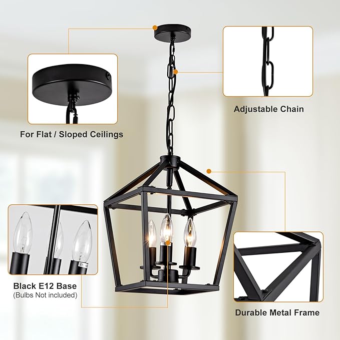 3-Light Black Pendant Lights Kitchen Island, 11 Inch Farmhouse Pendant Light, Adjustable Height Iron Lantern Black Pendant Light Fixtures, Cage Farmhouse Chandelier Island Lights for Kitchen Foyer