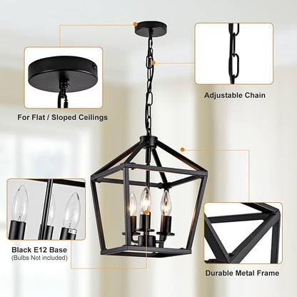 3-Light Black Pendant Lights Kitchen Island, 11 Inch Farmhouse Pendant Light, Adjustable Height Iron Lantern Black Pendant Light Fixtures, Cage Farmhouse Chandelier Island Lights for Kitchen Foyer