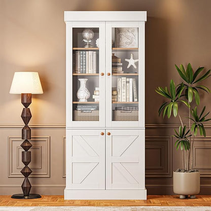 ivaniti 71" Tall Farmhouse Kitchen Pantry, Rustic Large Storage Cabinet with Glass Doors, Adjustable Shelves, Wood Versatile Hutch Cabinet for Dining Room, Living Room, White, Set of 3