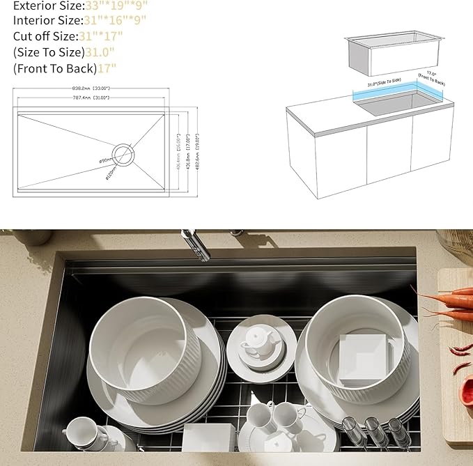 33 Inch Black Stainless Steel Undermount Single Bowl Sinks,33x19x9 Inch Deep Sink, 16 Gauge Workstation Kitchen Sinks, Modern Undermount Kitchen Sink with Ledge and Accessories