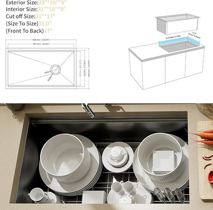 33 Inch Black Stainless Steel Undermount Single Bowl Sinks,33x19x9 Inch Deep Sink, 16 Gauge Workstation Kitchen Sinks, Modern Undermount Kitchen Sink with Ledge and Accessories