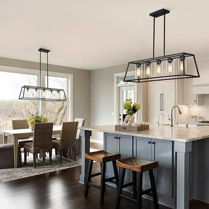 Kitchen Island Lighting,5-Light Black Chandeliers for Dining Room Light Fixtures Over Table, Farmhouse Rectangle Chandelier Island Lights for Kitchen with Cylinder Clear Glass