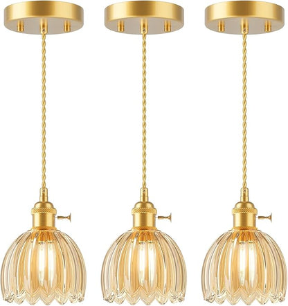 Ralbay 3 Pack Pendant Lights with Amber Tulip Glass Lampshade, Mini Pendant Light Fixture with Switch, Adjustable Vintage Brass Hanging Light for Kitchen Island Bedroom Dining Room Hallway