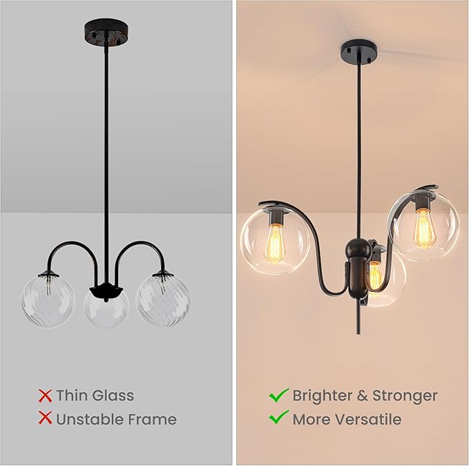 Industrial 3-Light Black Chandelier with Downward Curved Arms, Modern Pendant Light Fixture with Clear Glass Shade, Metal Hanging Ceiling Lighting for Kitchen, Dining Room, Entryway