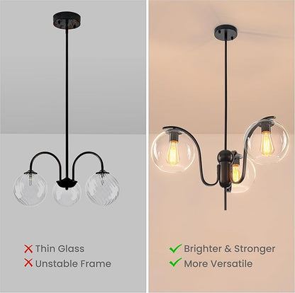 Industrial 3-Light Black Chandelier with Downward Curved Arms, Modern Pendant Light Fixture with Clear Glass Shade, Metal Hanging Ceiling Lighting for Kitchen, Dining Room, Entryway